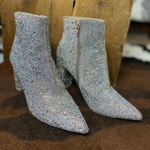 Betsey Johnson Iridescent Crystal Embellished Silver Ankle Boots